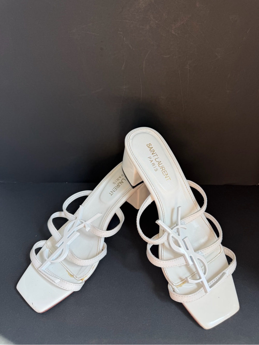 Saint Laurent White YSL Logo Strappy Block-Heel Sandals